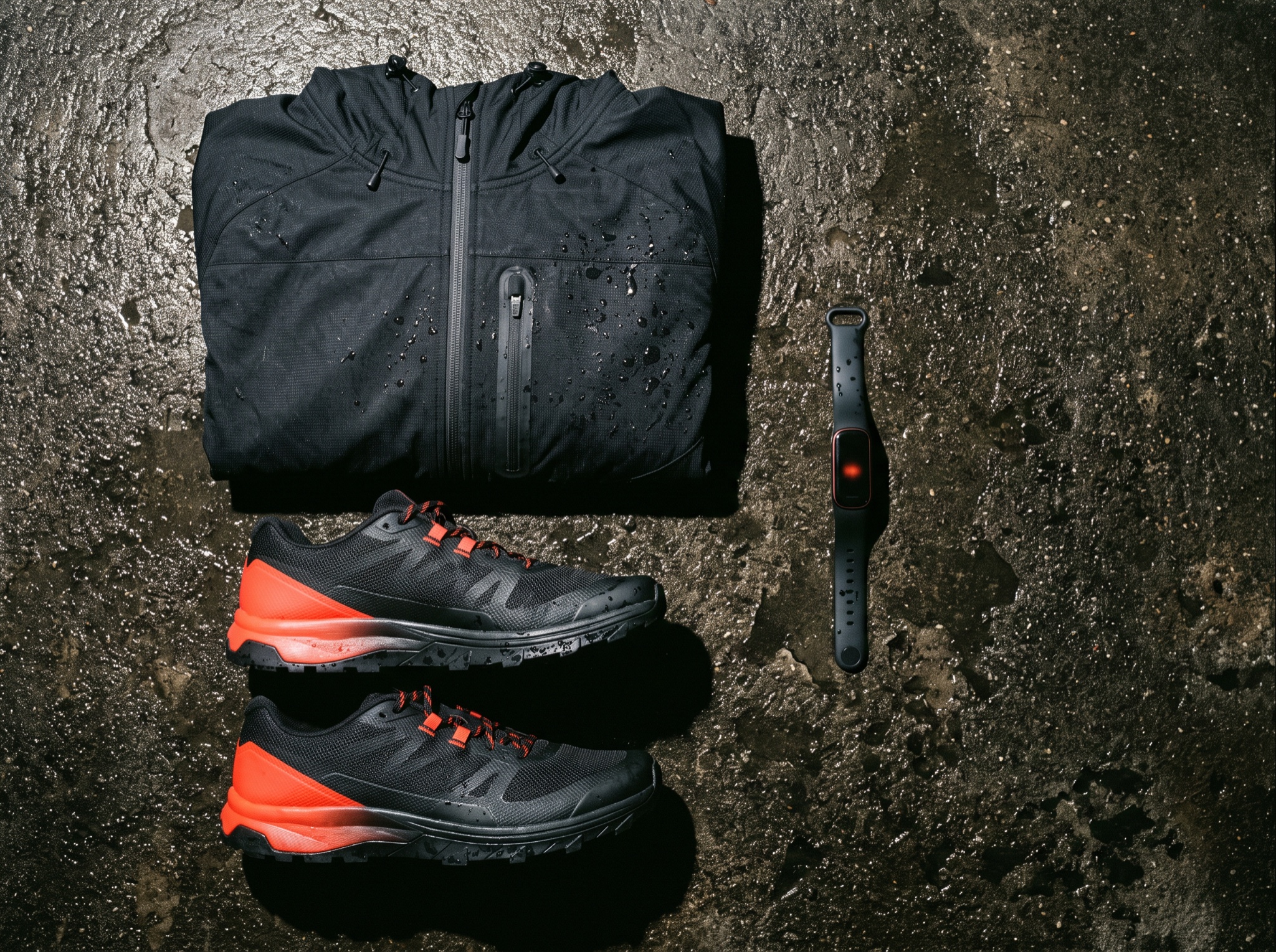 Products on location, on wet concrete, overhead or low angle, with real reflections.